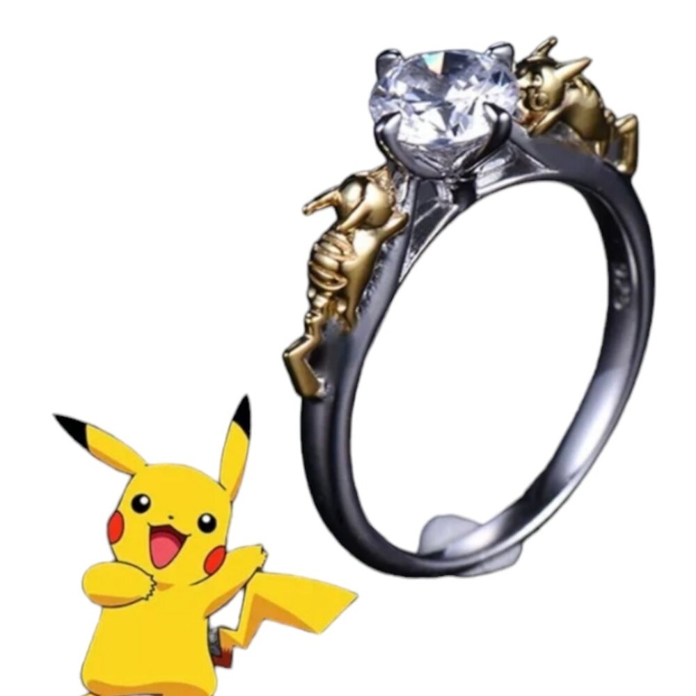 New Silver Gold Pokémon Pikachu Fashion Ring Crystal Stone Variety of Sizes